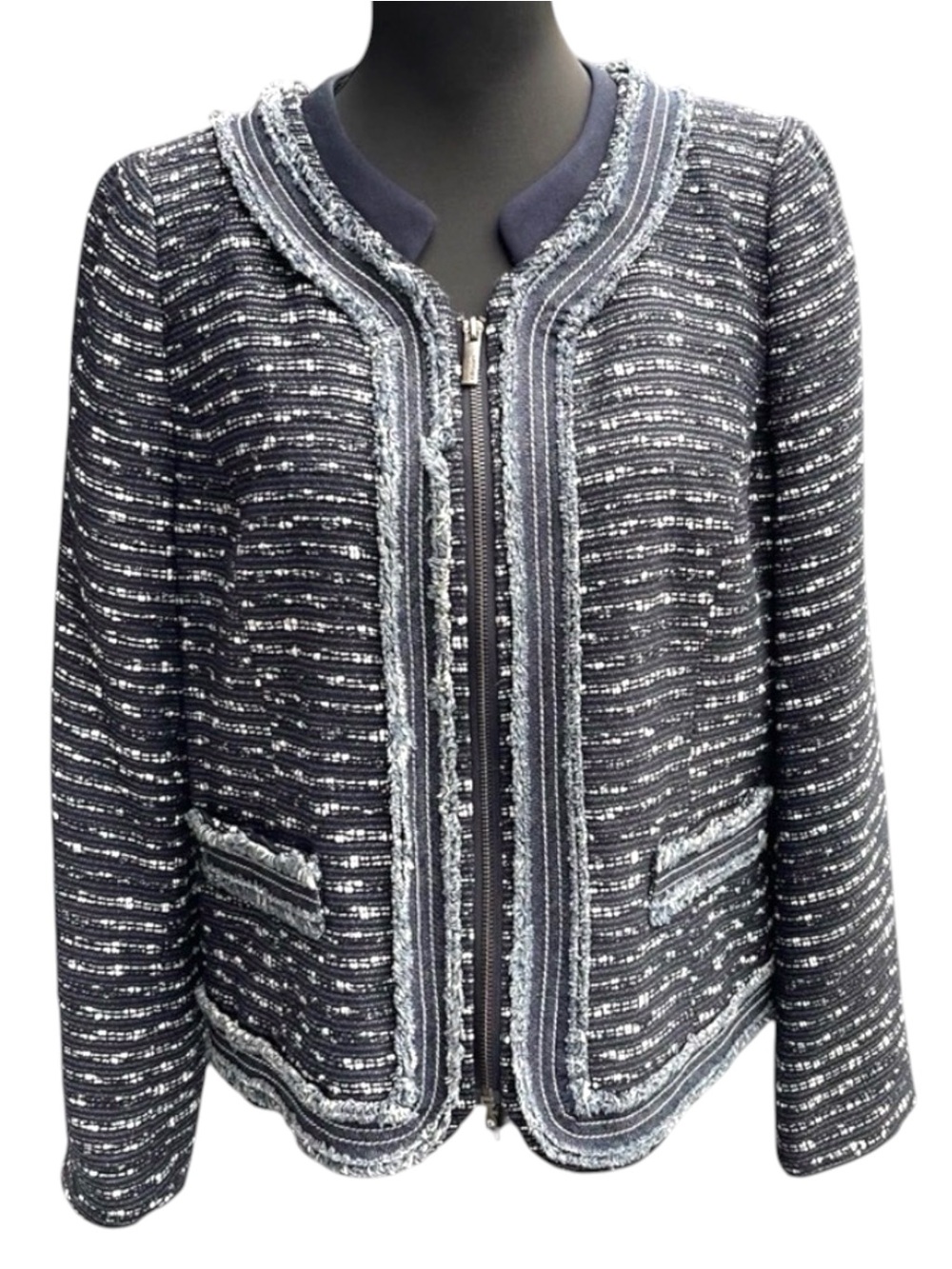 Olsen Europe Black/Grey Tweed Zip Front Blazer Jacket (M-L/12)